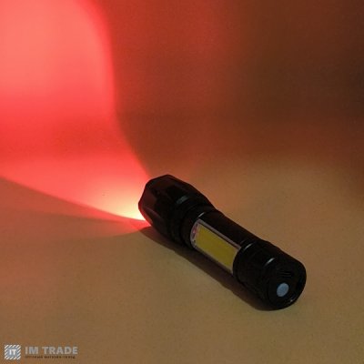 Ліхтар вбуд.акум алюм W601-RED+COB (T6черв.+COBбілий) zoom +Type-C 3реж