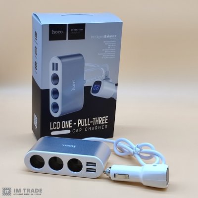 АЗУ авто Hoco Z13 (3 гнізда прикурювача/2USB/2,1A+LCD) сірий