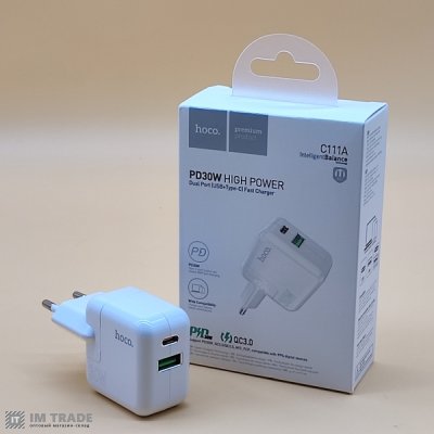 СЗУ Hoco C111A Lucky dual-port PD30W+QC3.0 charger White
