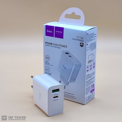 СЗУ Hoco C113A PD 65W + QC3.0 (1Type-C/1USB) білий