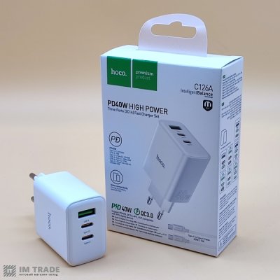 СЗУ Hoco C126A PD 40W + QC3.0 (2Type-C/1USB) білий