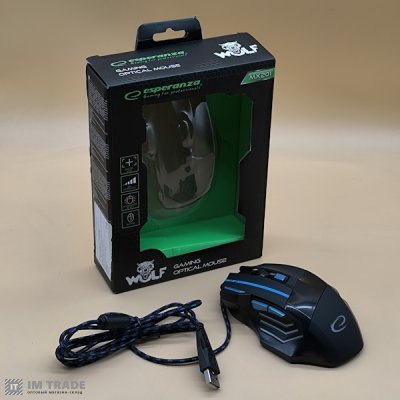 Миша ігрова Esperanza MX201 "Wolf", Black/Blue, USB, оптична, 800-2400 dpi, 7 кнопок, синє підсвічув