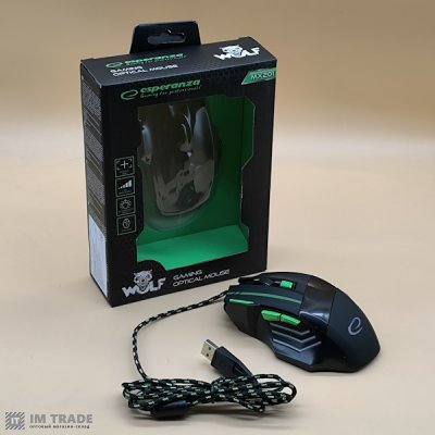 Миша ігрова Esperanza MX201 "Wolf", Black/Green, USB, оптична, 800-2400 dpi, 7 кнопок, зелене підсві
