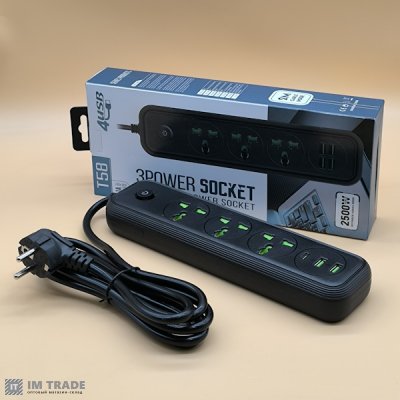 Мережевий фільтр 2 метри (3 розетки+2 USB+1 Type-C) 2500ват T58
