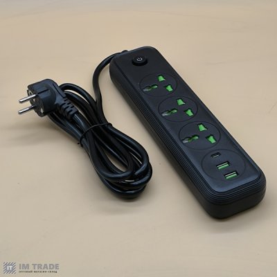 Мережевий фільтр 2 метри (3 розетки+2 USB+1 Type-C) 2500ват T58