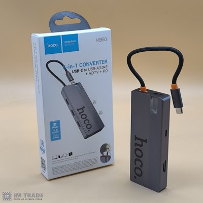 HUB Type-C Hoco HB50 5в1  HDTV+PD+3USB3.0 сірий