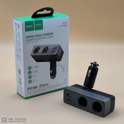 АЗУ авто Hoco Z65B PD 48W + QC3.0 (2 гнізда прикурювача/1USB/1Type-C) сірий