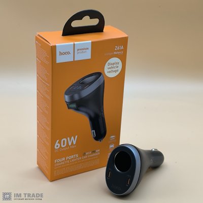 АЗУ авто Hoco Z61А PD60W (1 гніздо прикурювача/2Type-C) чорний цифр. дисплей