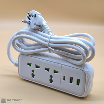 Мережевий фільтр 2 метри (2 розетки+2 USB+1 Type-C)  2500ват T56